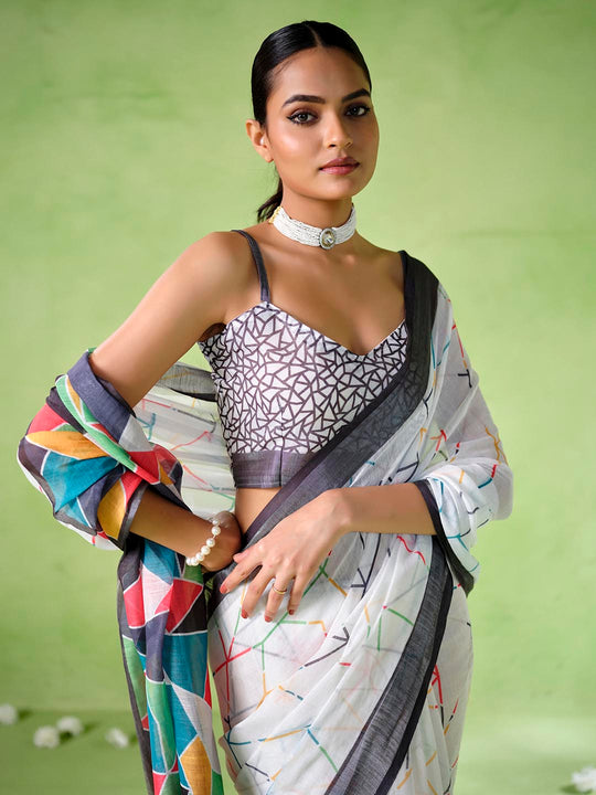 Multicolor cotton blend Printed Saree With Blouse Piece