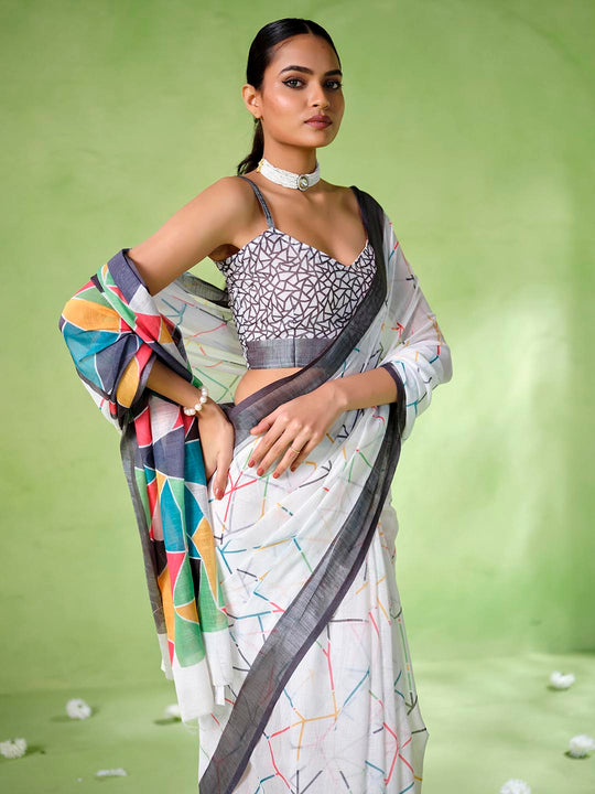 Multicolor cotton blend Printed Saree With Blouse Piece
