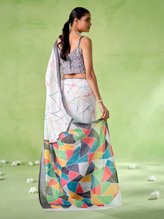 Multicolor cotton blend Printed Saree With Blouse Piece