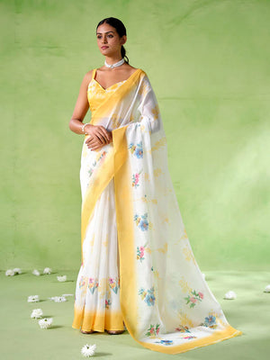 Multicolor Silk Blend Printed Saree With Blouse Piece