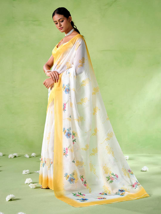 Multicolor Silk Blend Printed Saree With Blouse Piece