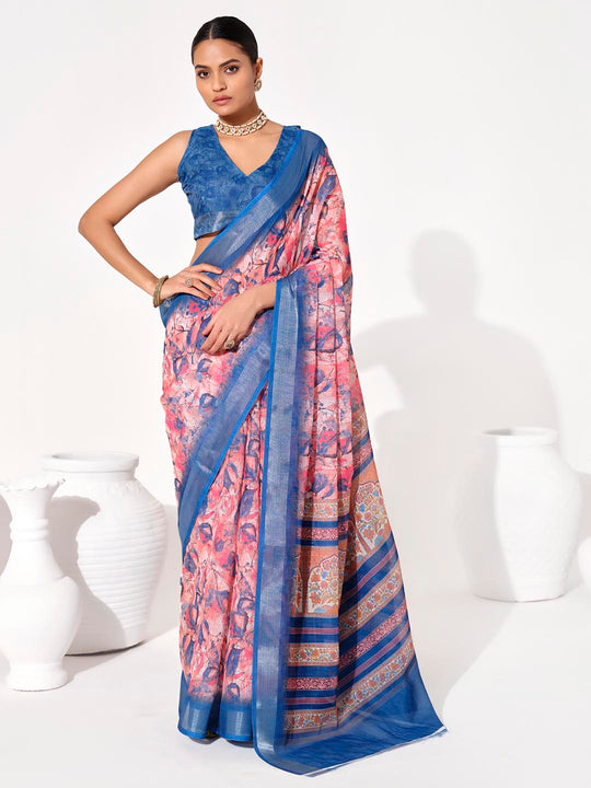 Multicolor Cotton Blend Printed Saree With Blouse Piece