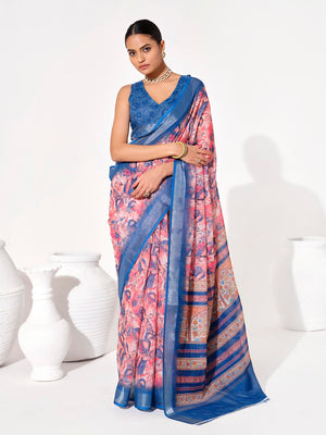 Multicolor Cotton Blend Printed Saree With Blouse Piece