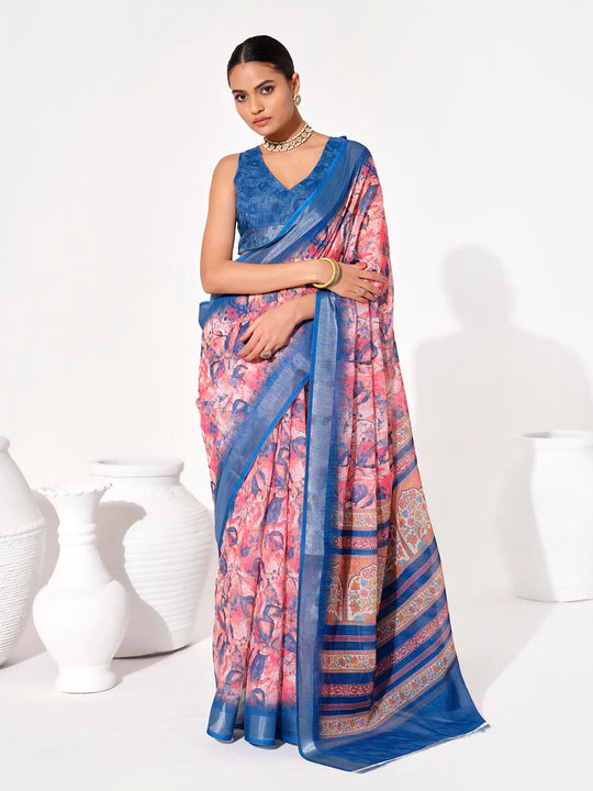 Multicolor Cotton Blend Printed Saree With Blouse Piece