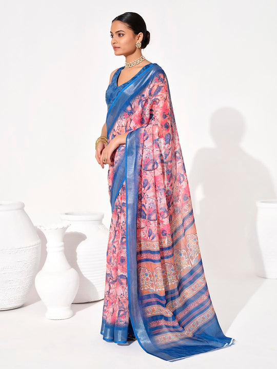 Multicolor Cotton Blend Printed Saree With Blouse Piece