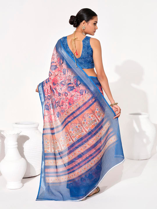 Multicolor Cotton Blend Printed Saree With Blouse Piece
