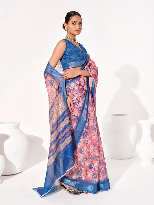 Multicolor Cotton Blend Printed Saree With Blouse Piece