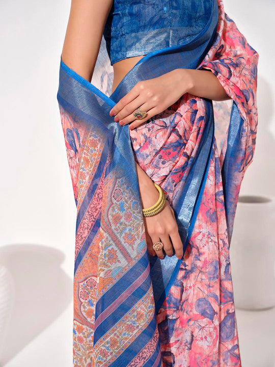 Multicolor Cotton Blend Printed Saree With Blouse Piece