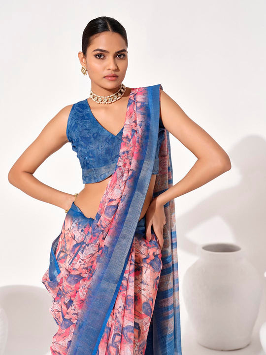Multicolor Cotton Blend Printed Saree With Blouse Piece