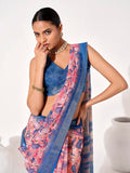 Multicolor Cotton Blend Printed Saree With Blouse Piece