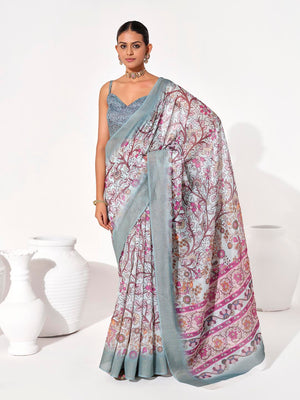 Multicolor cotton blend Printed Saree With Blouse Piece