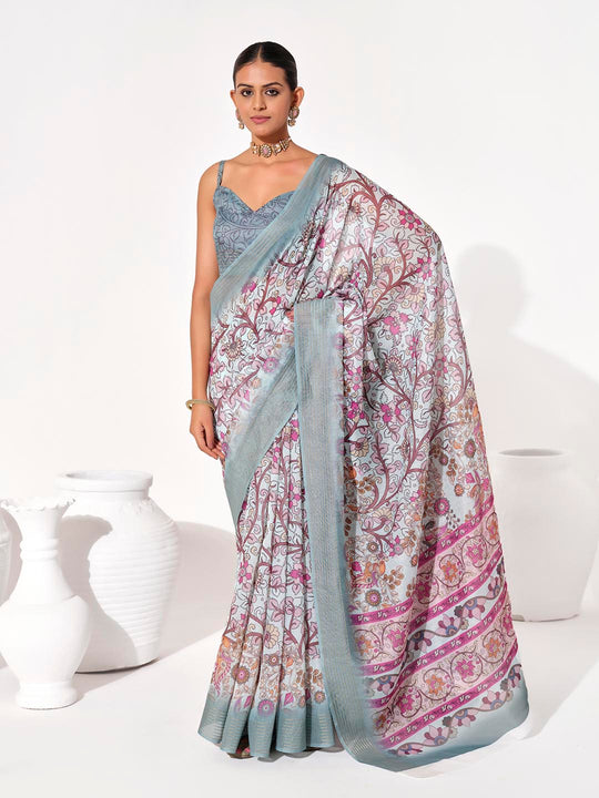 Multicolor cotton blend Printed Saree With Blouse Piece