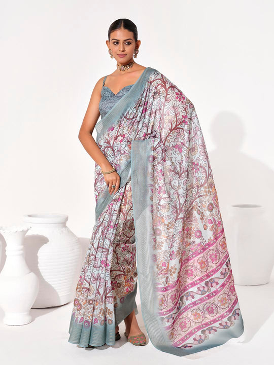 Multicolor cotton blend Printed Saree With Blouse Piece