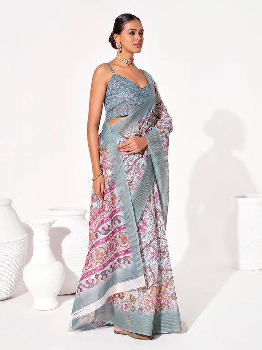 Multicolor cotton blend Printed Saree With Blouse Piece