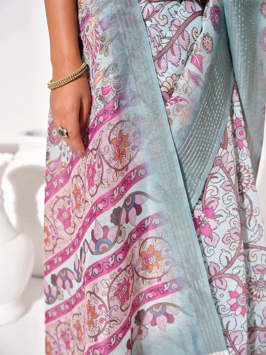 Multicolor cotton blend Printed Saree With Blouse Piece