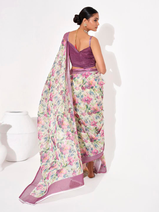 Multicolor Cotton Blend Printed Saree With Blouse Piece