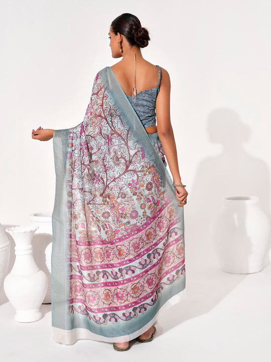 Multicolor cotton blend Printed Saree With Blouse Piece