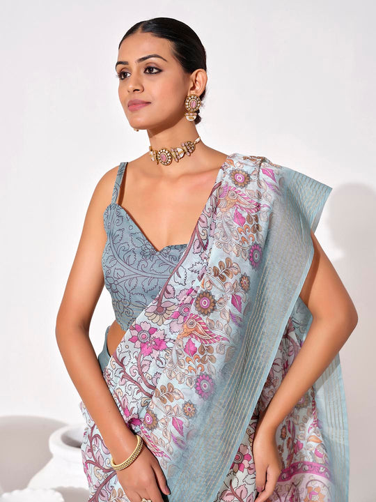 Multicolor cotton blend Printed Saree With Blouse Piece