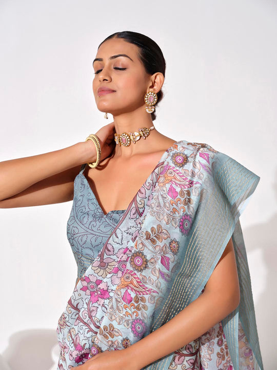 Multicolor cotton blend Printed Saree With Blouse Piece