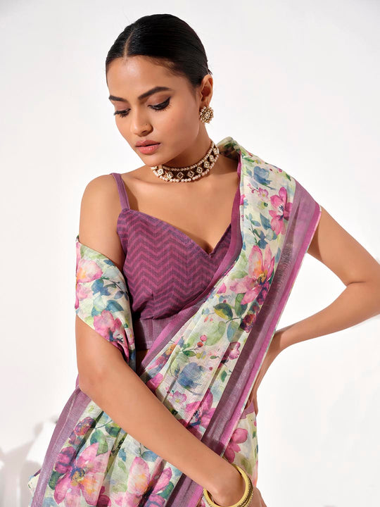 Multicolor Cotton Blend Printed Saree With Blouse Piece