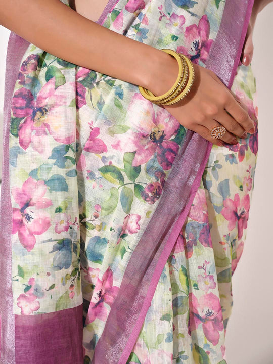 Multicolor Cotton Blend Printed Saree With Blouse Piece