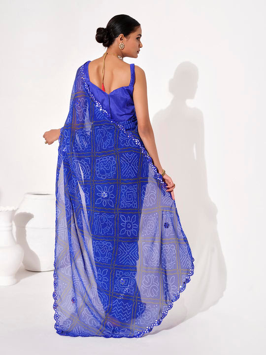 Blue Georgette Embellished Saree With Blouse Piece