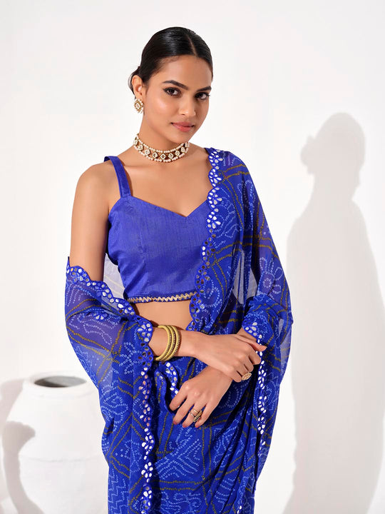 Blue Georgette Embellished Saree With Blouse Piece