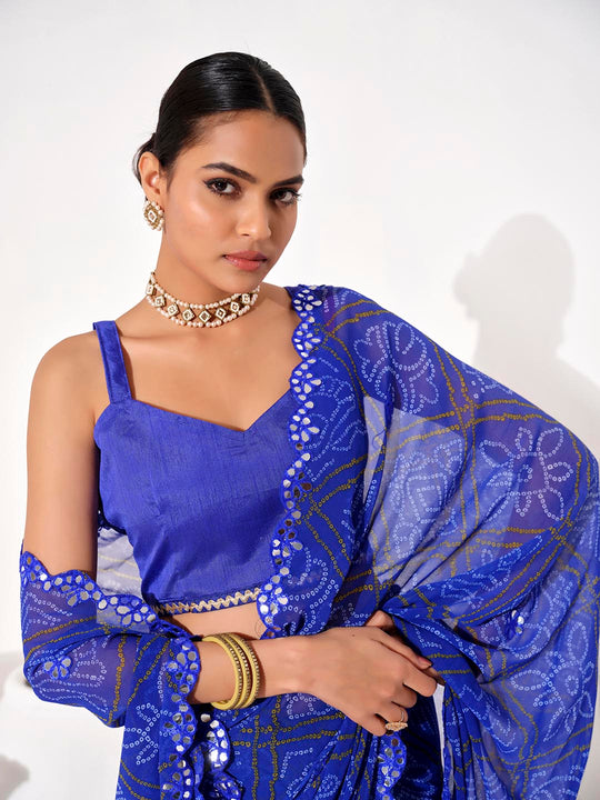 Blue Georgette Embellished Saree With Blouse Piece