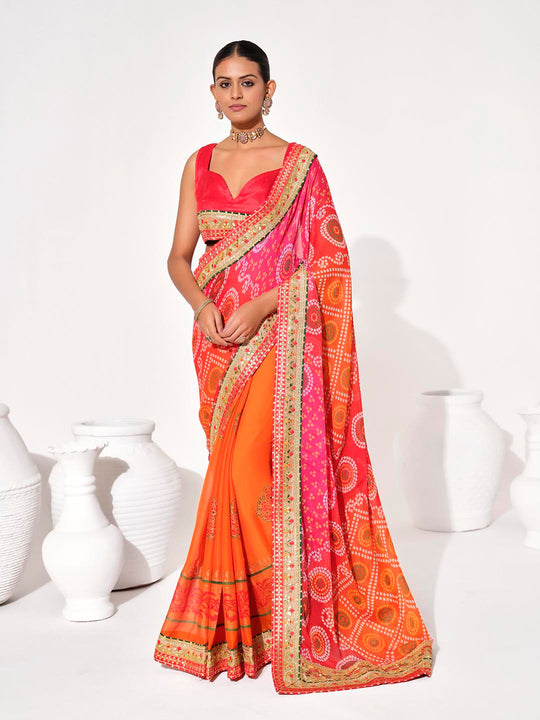 Multicolor Georgette Embellished Saree With Blouse Piece