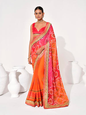 Multicolor Georgette Embellished Saree With Blouse Piece