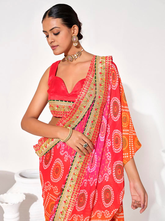 Multicolor Georgette Embellished Saree With Blouse Piece