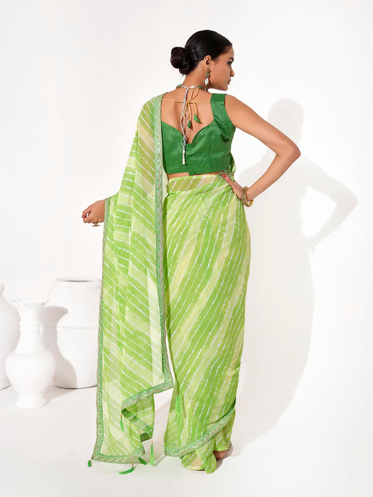 Green Georgette Embellished Saree With Blouse Piece