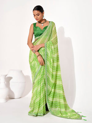 Green Georgette Embellished Saree With Blouse Piece