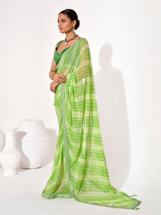Green Georgette Embellished Saree With Blouse Piece