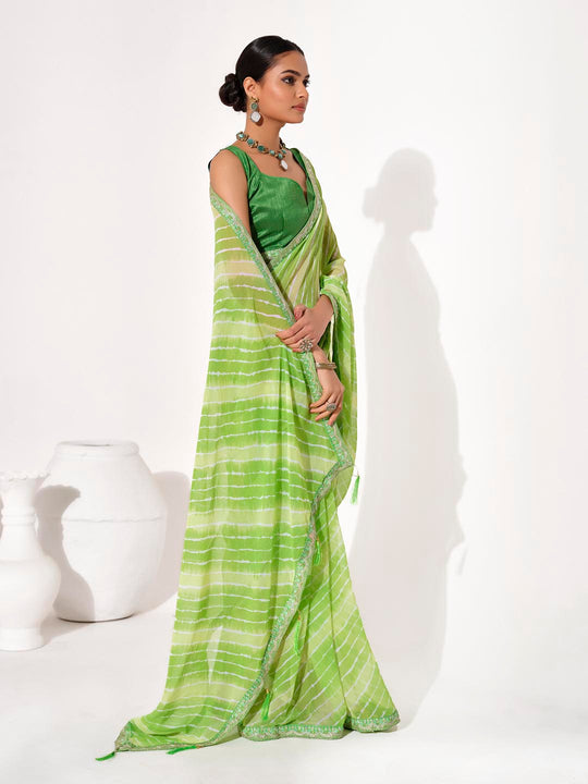 Green Georgette Embellished Saree With Blouse Piece