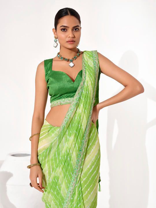 Green Georgette Embellished Saree With Blouse Piece