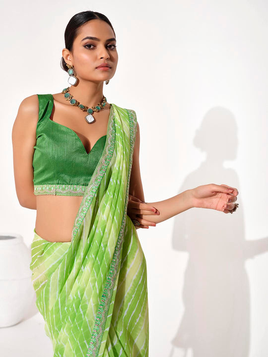 Green Georgette Embellished Saree With Blouse Piece