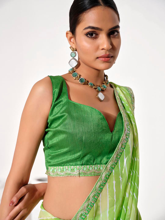 Green Georgette Embellished Saree With Blouse Piece