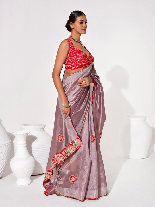 Lavender Georgette Embellished Saree With Blouse Piece