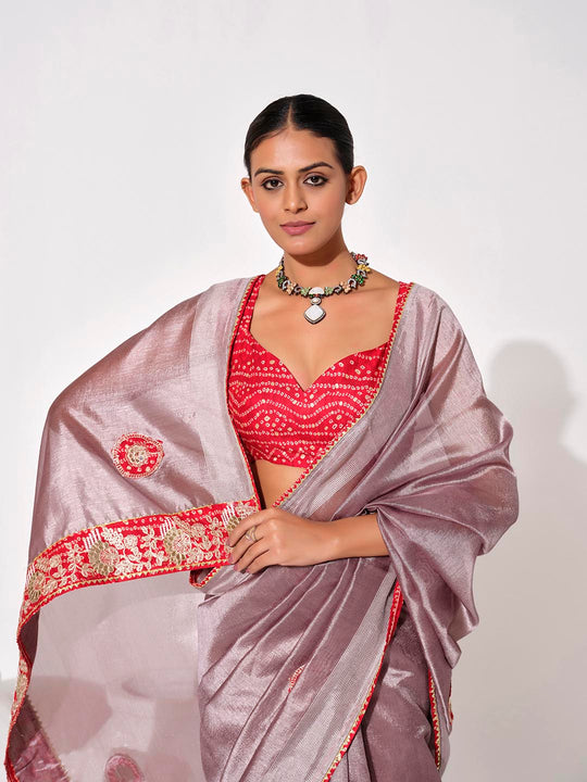 Lavender Georgette Embellished Saree With Blouse Piece