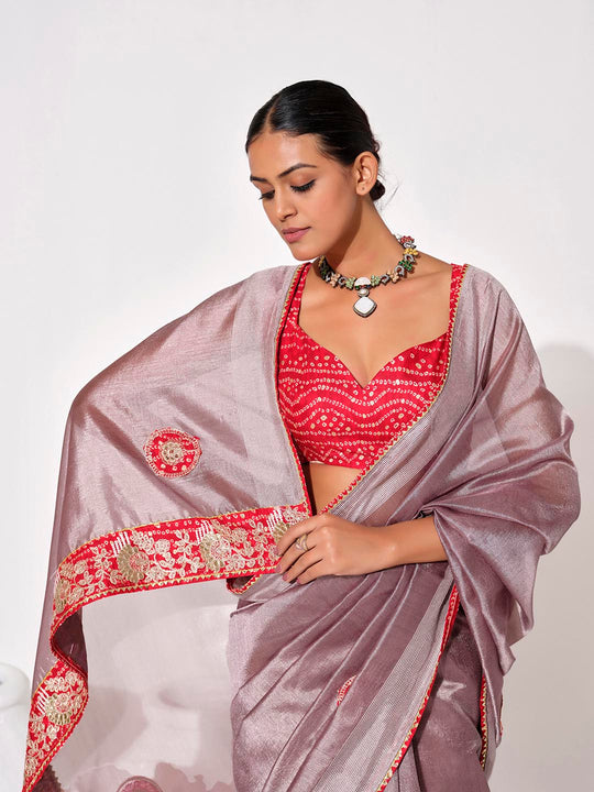 Lavender Georgette Embellished Saree With Blouse Piece