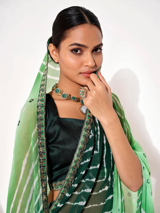 dark green   Georgette Embellished Saree With Blouse Piece