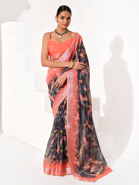 Multicolor Cotton Blend Printed Saree With Blouse Piece
