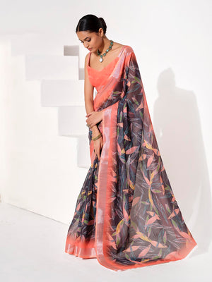 Multicolor Cotton Blend Printed Saree With Blouse Piece