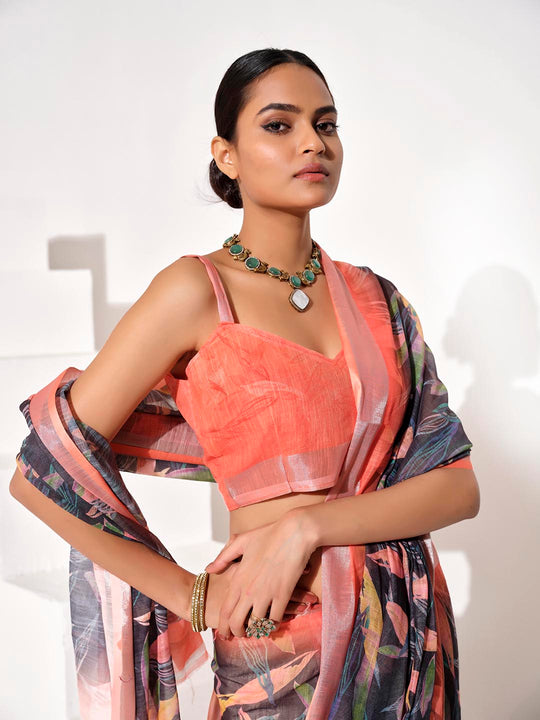 Multicolor Cotton Blend Printed Saree With Blouse Piece