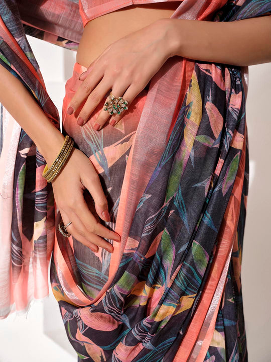 Multicolor Cotton Blend Printed Saree With Blouse Piece