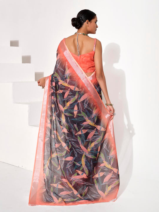 Multicolor Cotton Blend Printed Saree With Blouse Piece