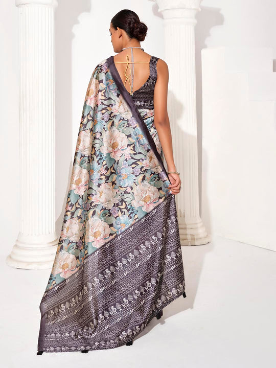 Multicolor Silk Blend Printed Saree With Blouse Piece