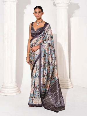 Multicolor Silk Blend Printed Saree With Blouse Piece