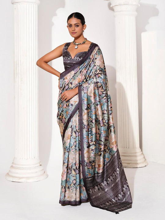 Multicolor Silk Blend Printed Saree With Blouse Piece